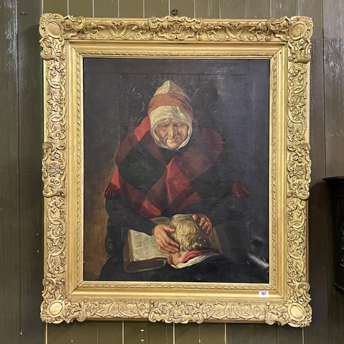 197 - 19TH CENTURY OIL PAINTING OF A GRANDMOTHER PERFORMING PRAYER IN STUNNING GILT FRAME