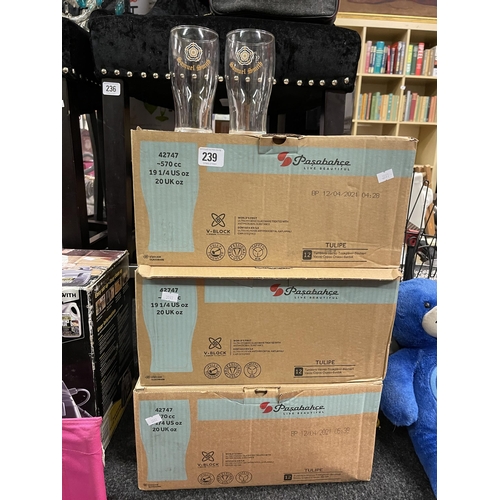 239 - THREE BOXES OF TWELVE PINT GLASSES