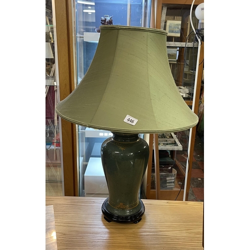 446 - SAGE GREEN CERAMIC TABLE LAMP WITH GILT DESIGN