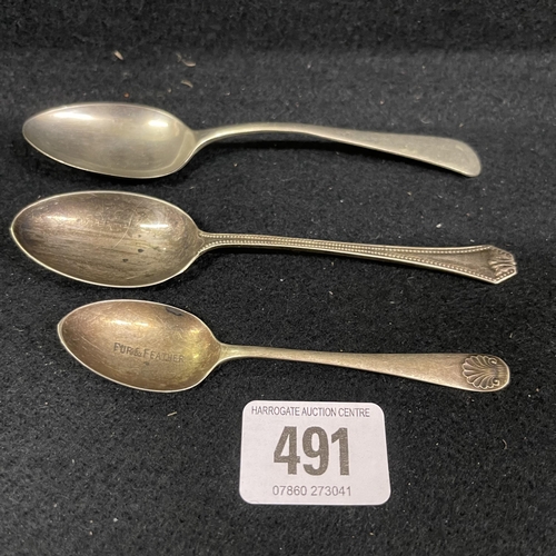 491 - THREE SILVER SPOONS 36G