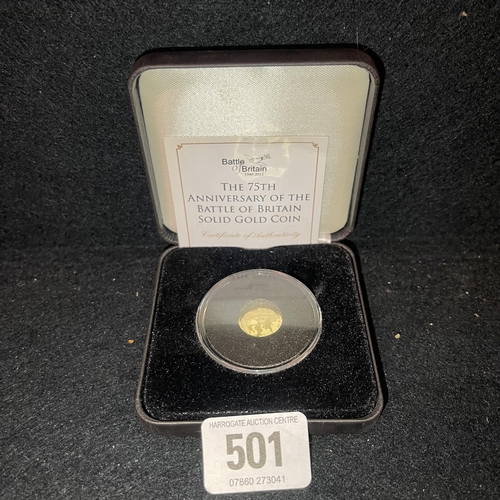 501 - THE 75TH ANNIVERSARY OF THE BATTLE OF BRITAIN SOLID 9CT GOLD COIN 1G