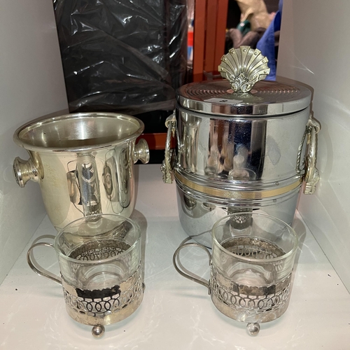 8 - TWO ICE BUCKETS AND TWO SILVER PLATE AND GLASS COFFEE CUPS