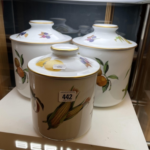 442 - THREE LARGE ROYAL WORCESTER STORAGE JARS “ EVESHAM” PATTERN