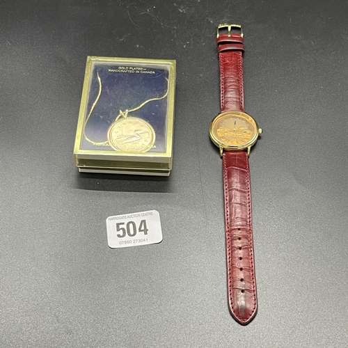 504 - GOLD PLATED CANADIAN DOLLAR WATCH AND MATCHING NECKLACE