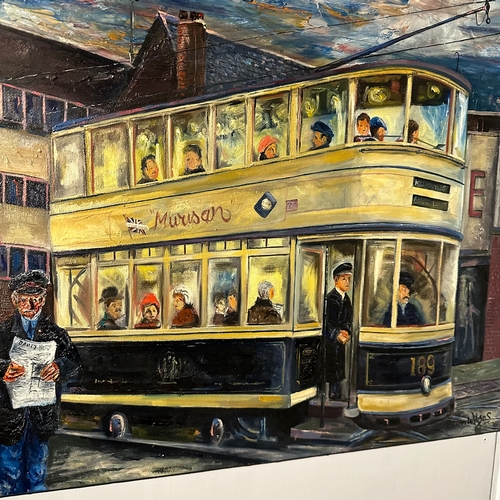 221 - ORIGINAL BRIAN WILGOS PAINTING ON CANVAS DEPICTING TRAMS AND TRAM WORKERS