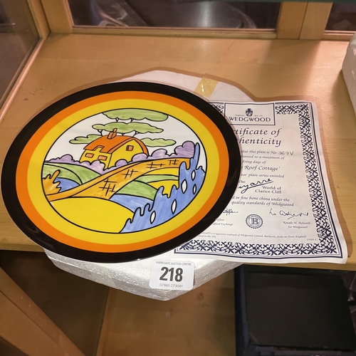 218 - CLARICE CLIFF WEDGWOOD PLATE TITLED ORANGE ROOF COTTAGE WITH CERTIFICATE AND BOX