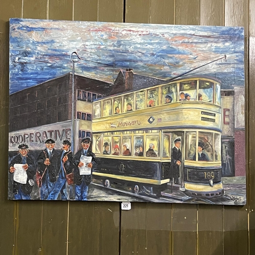 221 - ORIGINAL BRIAN WILGOS PAINTING ON CANVAS DEPICTING TRAMS AND TRAM WORKERS