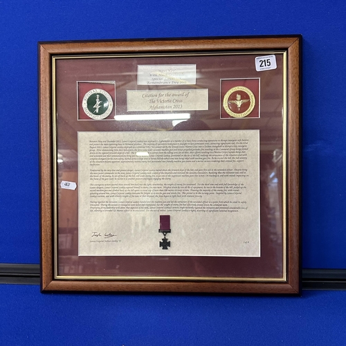 215 - CITATION FOR THE AWARD OF THE VICTORIA CROSS AFGHANISTAN 2013 WITH SMALL VICTORIA CROSS MEDAL IN DIS... 