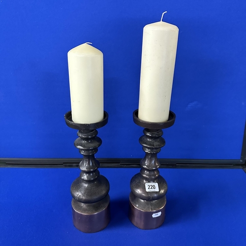 220 - PAIR OF QUALITY ITALIAN STYLE POLISHED BRASS BOTTOM CANDLESTICKS WITH CANDLES 12” TALL