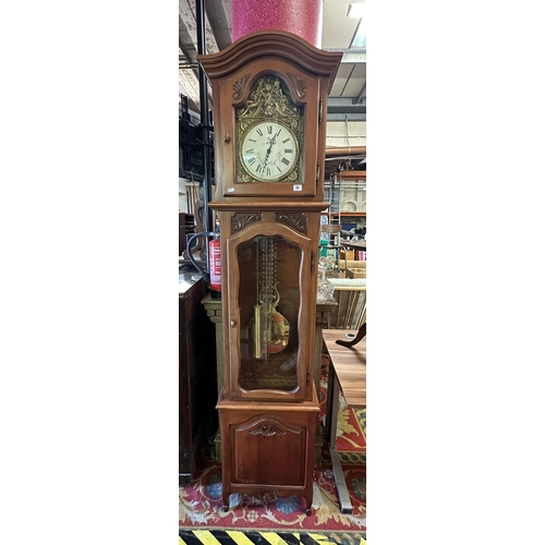 59 - LARGE FRENCH GRANDFATHER CLOCK WITH BRASS FACE DIAL WITH SATIN WOOD CASE