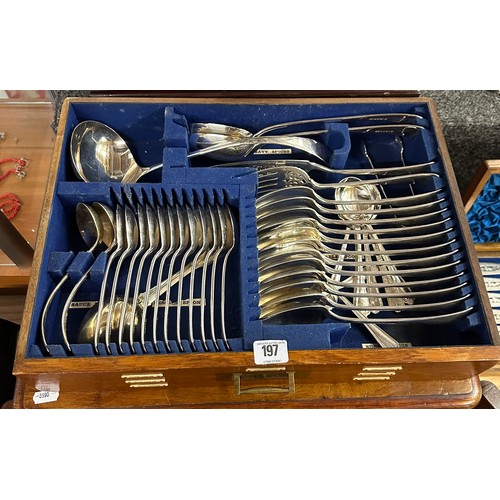 197 - STUNNING VICTORIAN CANTEEN OF CUTLERY IN OAK CABINET WITH BRASS CARRYING HANDLES 126 PIECES BY JOHN ... 