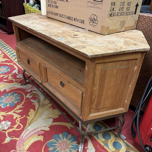 268 - WOODEN TELEVISION UNIT WITH WROUGHT IRON BASE