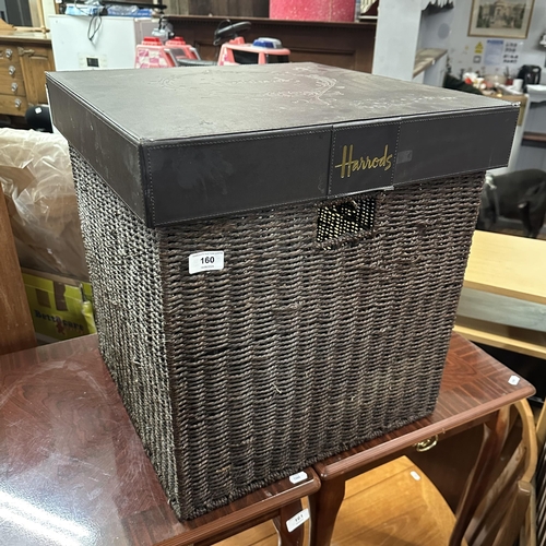 160 - HARRODS WICKER STORAGE BASKET WITH LEATHER LID