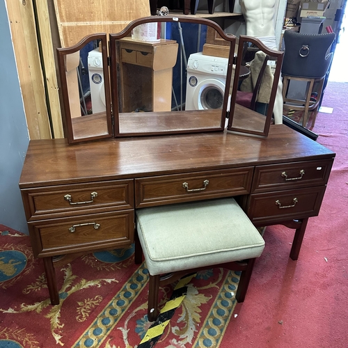 7 - MAHOGANY DRESSING TABLE WITH TRIPLE MIRROR & STOOL