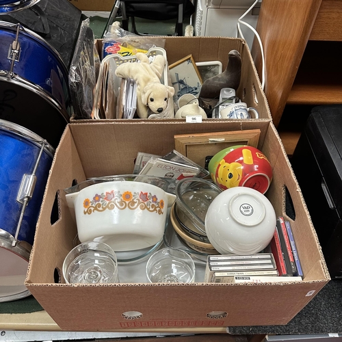 96 - 2 BOXES OF MISCELLANEOUS INCLUDING CROCKERY, CDS, GLASSWARE ETC
