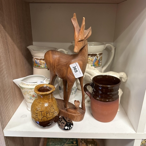 365 - VINTAGE POTTERY, CHINA AND A WOODEN ANTELOPE WITH CALF