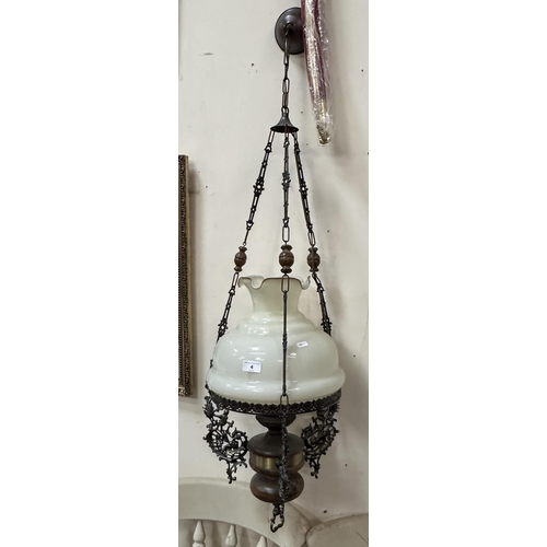 4 - ANTIQUE CEILING HANGING ELECTRIC OIL LAMP ON CHAINS WITH OPALESCENT SHADE