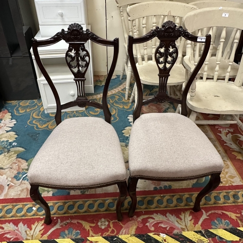 6 - PAIR OF REUPHOLSTERED VICTORIAN DINING CHAIRS ON PERIWINKLE LEG