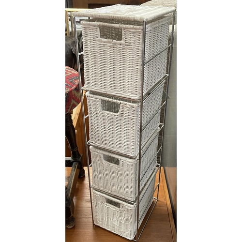 146 - WHITE RATTAN & CHROME 4 DRAWER STORAGE TOWER 17W X 20D X 65H CM