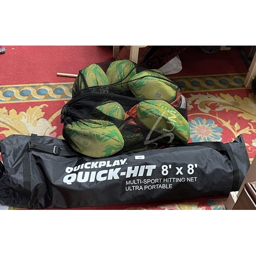 166 - QUICK PLAY 8’X8’ PORTABLE NET & BAG OF RUGBY BALLS