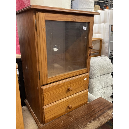 178 - GLASS FRONTED PINE CUPBOARD WITH DRAWERS