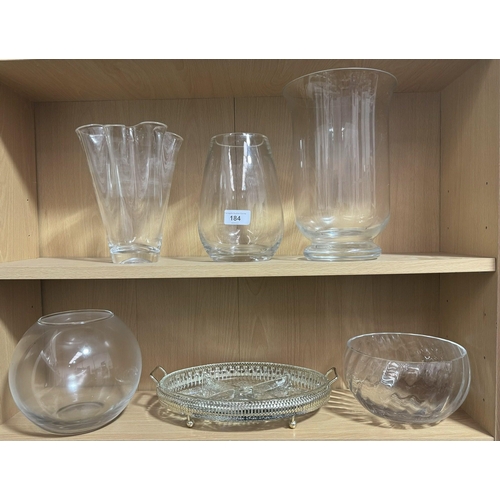 184 - SELECTION OF GLASS VASES AND NIBBLE TRAY