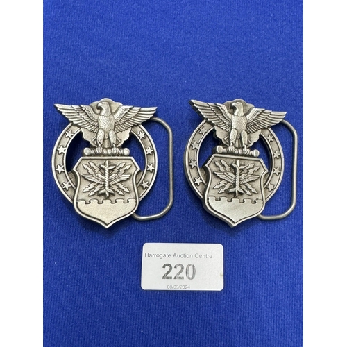 220 - PAIR OF US AIRFORCE AIR SUPERIORITY SILVER COLOURED BRUSHED METAL BELT BUCKLES