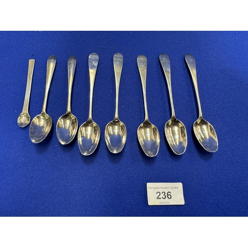 236 - 7 SILVER SPOONS AND A SNUFF SPOON