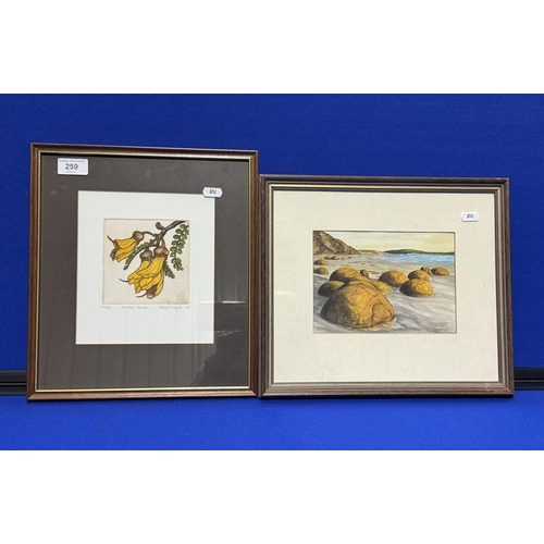 259 - FRAMED KOWHAI FLOWER BY MARY E. TAYLOR 10/295 & MOERAKI BOULDERS WATERCOLOUR BY B.PRYOR