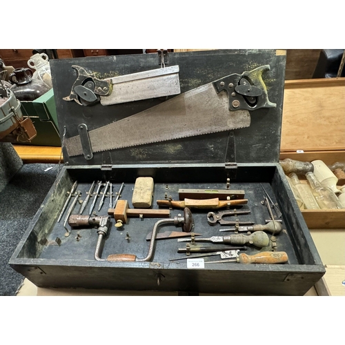 266 - WOODEN TOOL CHEST CONTAINING VARIOUS WOODWORKING TOOLS