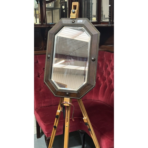 288 - 1930S OAK FRAMED OCTAGONAL BEVELLED GLASS MIRROR