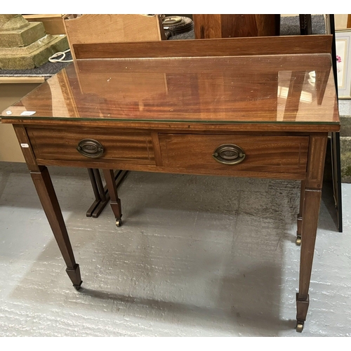 295 - EDWARDIAN MAHOGANY DOUBLE DRAWER WASHSTAND WITH GLASS PROTECTOR AND SPLASH BACK