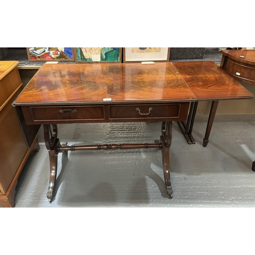 299 - REGENCY STYLE LYRE ENDED DROP LEAF TABLE WITH DOUBLE DRAWER