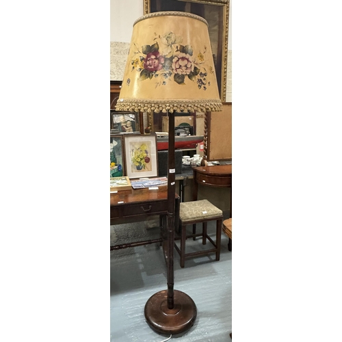 311 - OAK STANDARD LAMP WITH HAND PAINTED SHADE WITH TASSLE EDGE