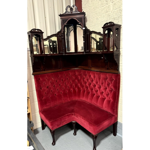 154 - VICTORIAN CORNER BENCH WITH CARVED FRET WORK MIRRORED TOP ON QUEEN ANNE LEG WITH BUTTON BACK PADDING... 