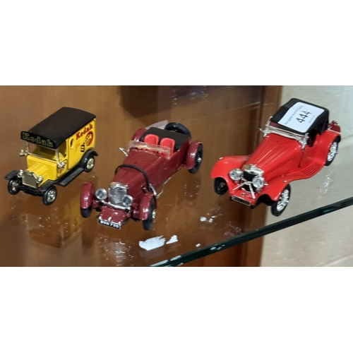 444 - 3 SCALE MODEL VEHICLES INCLUDING 1939 JAGUAR SS-100 ROADSTER, 1934 ASTON MARTIN & DAYS GONE KODAK VA... 