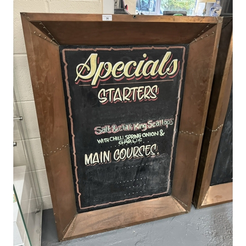 36 - RIVETED COPPER FRAMED MENU/CHALK BOARD ON HANGING CHAIN