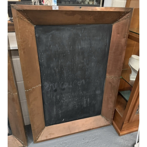 37 - RIVETED COPPER FRAMED MENU/CHALK BOARD ON HANGING CHAIN