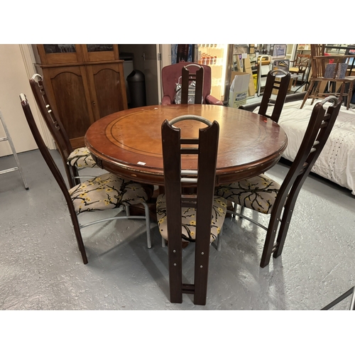 47 - WALNUT AND MAHOGANY DINING TABLE AND SIX CHAIRS