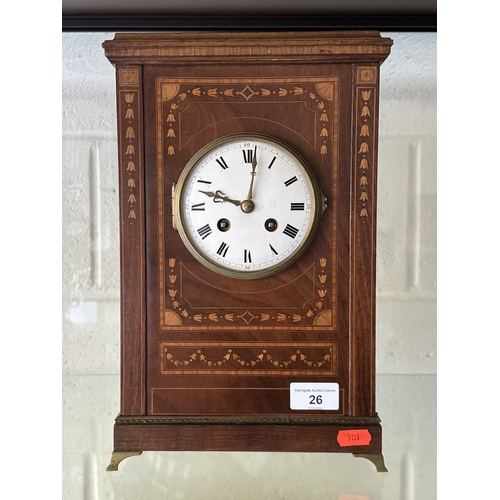 26 - EDWARDIAN  MAHOGANY AND BOX WOOD INLAID MANTEL CLOCK