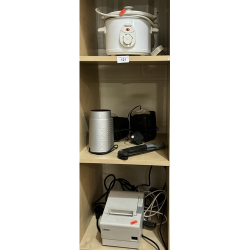 121 - THREE SHELVES OF ELECTRICS
