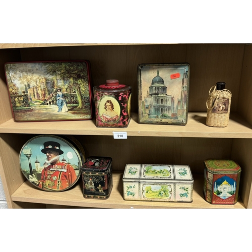 210 - SELECTION OF ANTIQUE AND VINTAGE TEA CADDY AND BISCUIT TINS