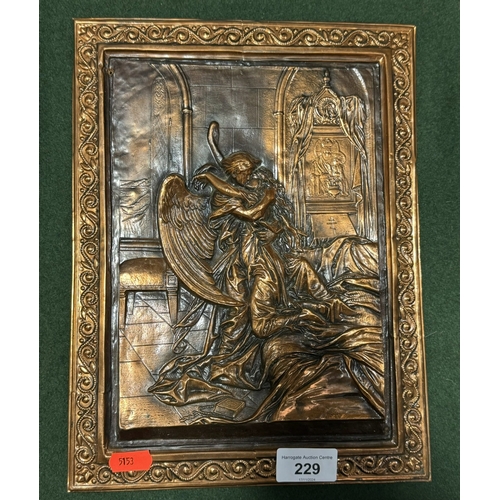 229 - VINTAGE RUSSIAN COPPER PLAQUE IN RELIEF OF AN ANGEL KISSING A WOMAN