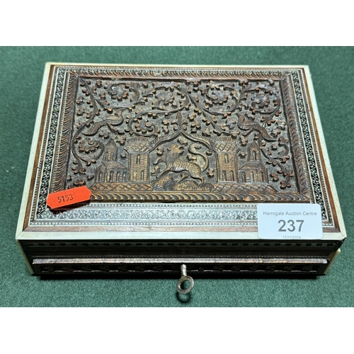 237 - ANTIQUE EASTERN ASIAN CARVED WOOD TEMPLE DESK TRINKET BOX WITH BONE INLAY AND KEY