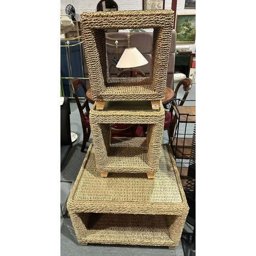 82 - WICKER GLASS TOPPED COFFEE TABLE AND MATCHING SIDE TABLES