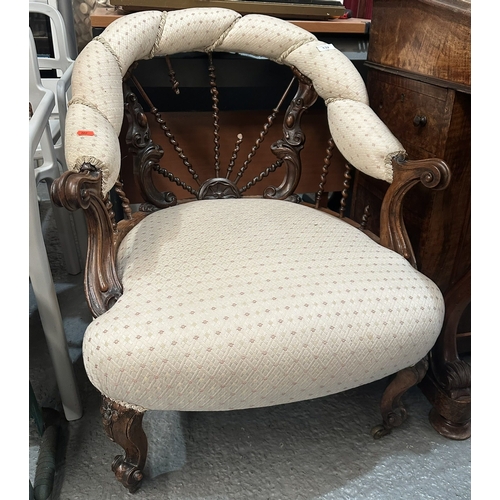 132 - VICTORIAN CABRIOLET LEG BARLEY SUGAR TWIST ARMCHAIR ON CASTORS