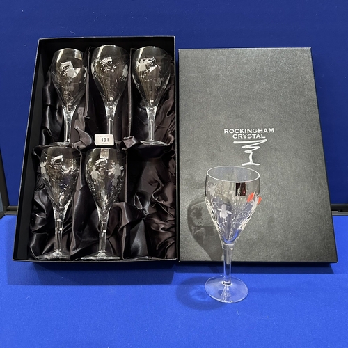 191 - SIX ROCKINGHAM CRYSTAL CHAMPAGNE FLUTES IN PRESENTATION BOX