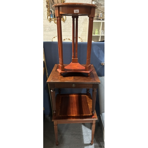 426 - TWO MAHOGANY REGENCY SIDE TABLES AND A MAHOGANY COLUMN LEGGED SIDE TABLE WITH DRAWER