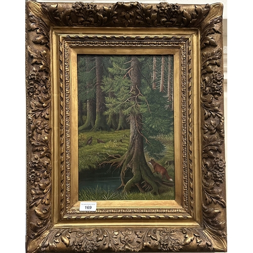 169 - GILT FRAMED OIL ON BOARD FOREST SCENE DEPICTING FOX HUNTING PHEASANTS