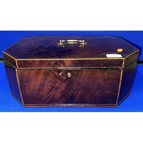 170 - MAHOGANY AND BOX WOOD INLAY LARGE TEA CADDY WITH BRASS HANDLE